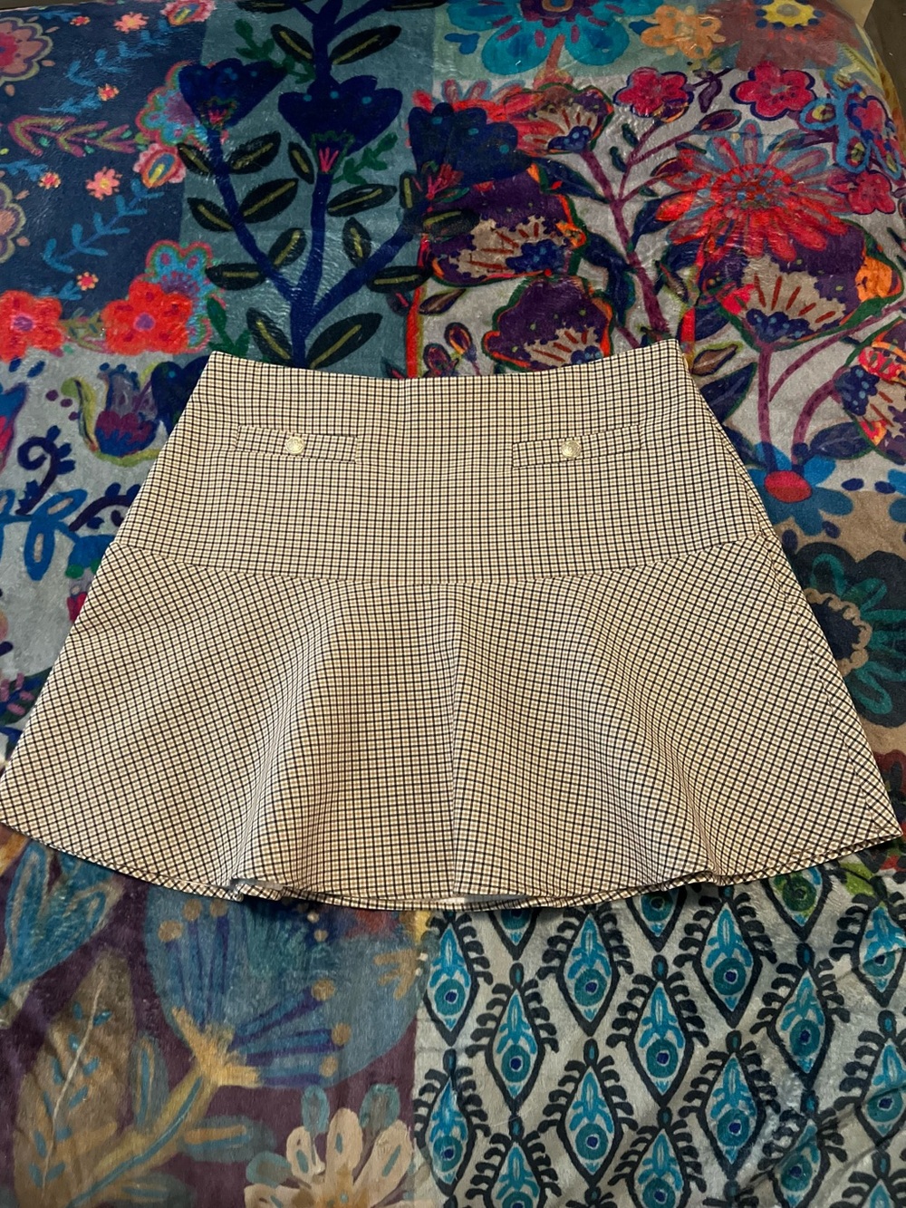 LOFT Brown & Cream Plaid Mini Skirt Size 12 | Flared A-Line Lined